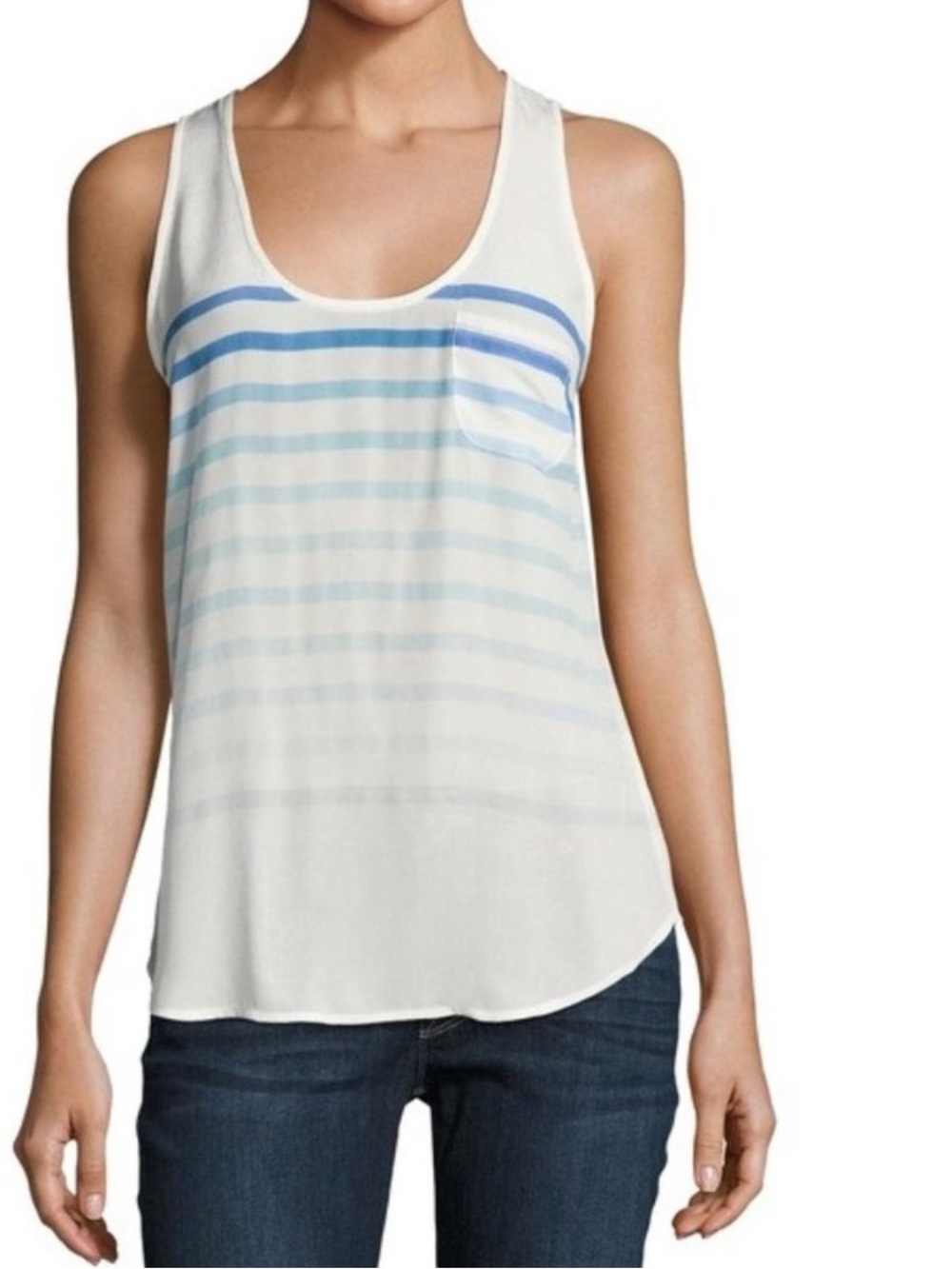 JOIE White & Blue Striped Ombré Scoop Neck 100% Silk Tank Top